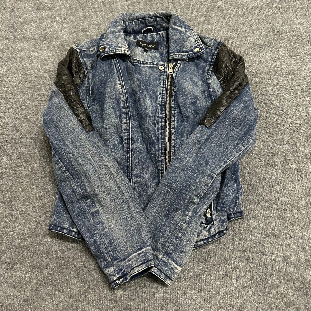 New Look Jacket Womens Size L Blue Acid Wash Viscose Faux Leather Moto Biker